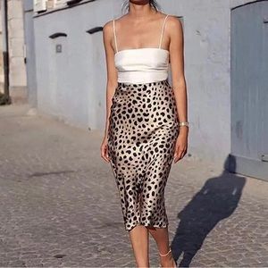 Womens Leopard Print Skirt Midi Long Length Silk Satin High Waist Elastic Skirts